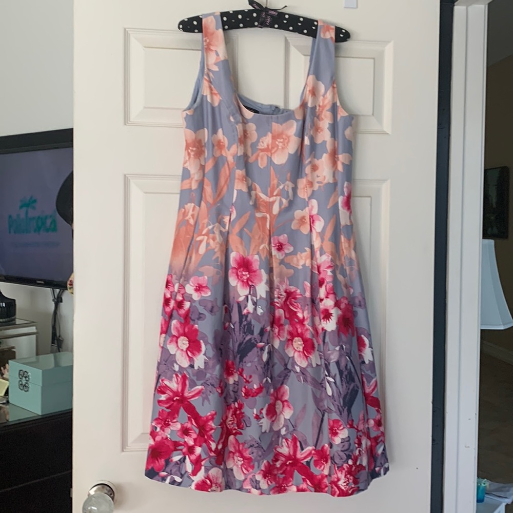 Nine West smokey blue with pale pink flowers . Looks like a work of art.